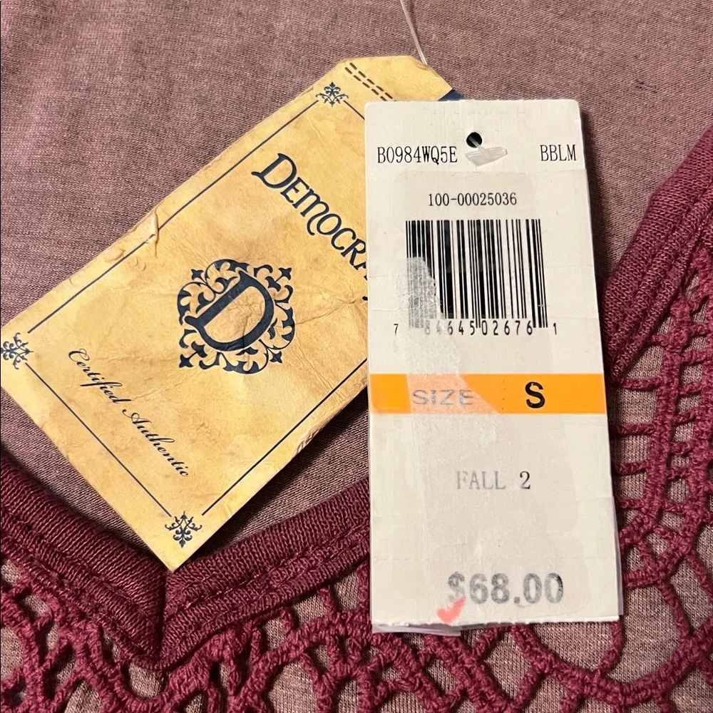 Democracy Lace Embellished Tee in Mauve, Size Small, NWT